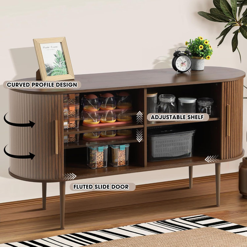 55" Sideboard Buffer Cabinet with Fluted Slide Doors,Tambour Storage Cabinet with Shelves, Brown
