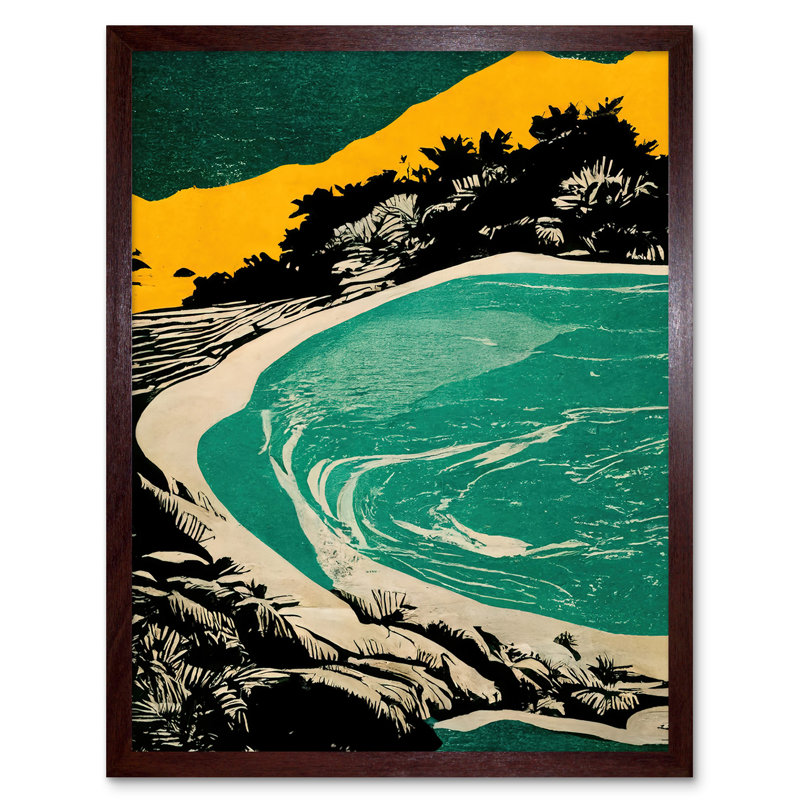 Beach Lagoon Abstract Marbled Seascape - Print, Brown Framed Paper, 43cm H x 33cm W x 2cm D