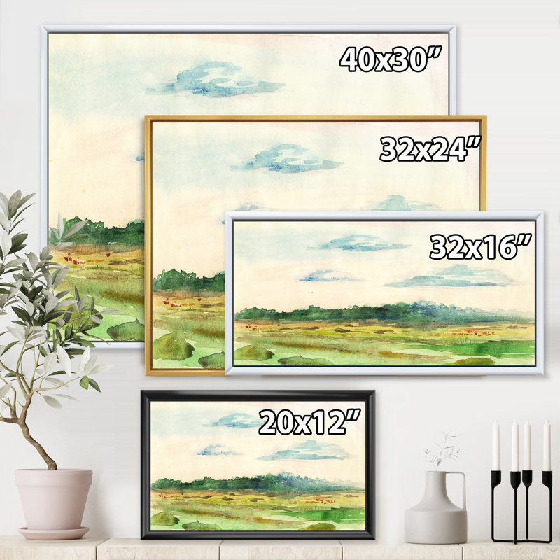 «Green Blossoming Summer Landscape», peinture sur toile, Toile encadrée d'or, H 30 po x l 40 po x p 1 po