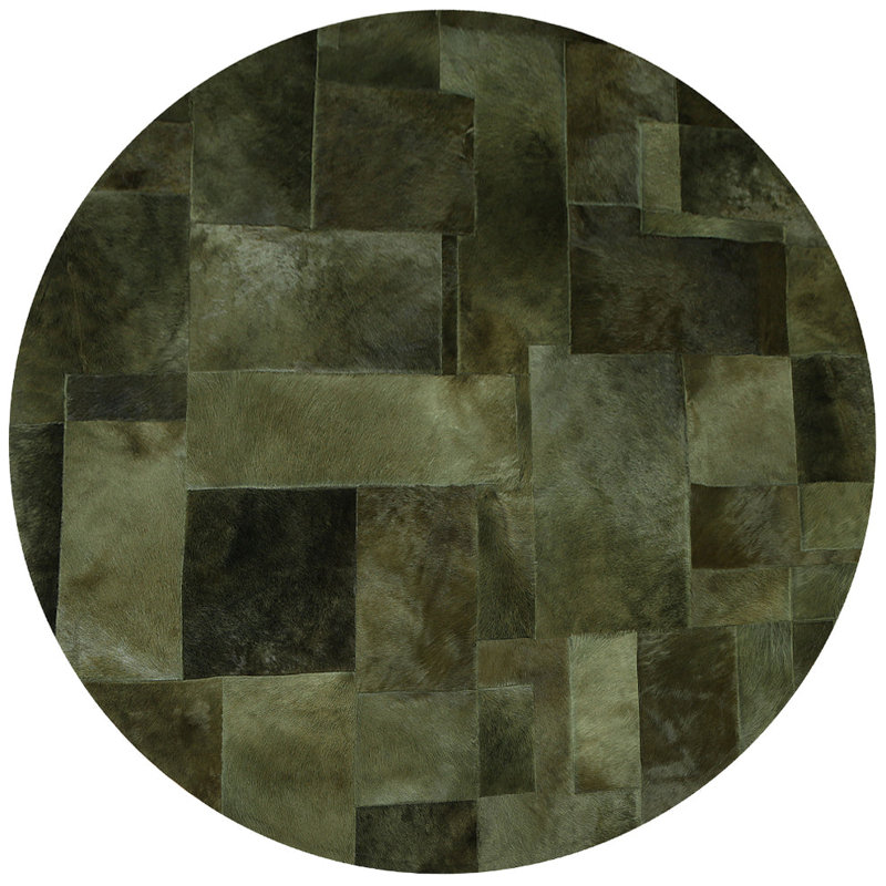 Art Hide X Sasha Biskoff Cowhide Geometric Area Rug in Green, Round 9'10"