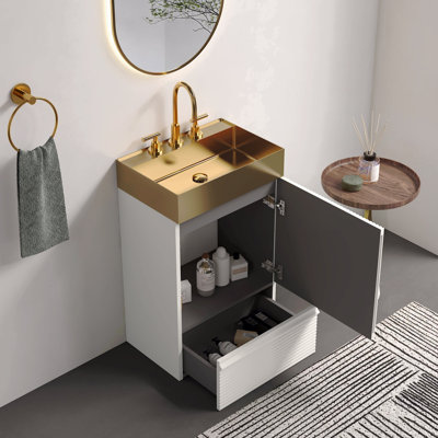 Meuble-lavabo blanc rayé en velours de 20 po avec lavabo vasque intégré en métal doré brossé, armoire de salle de bain autoportante pour salle de bain moderne, lavabo une pièce en métal doré sans robinet, Kd