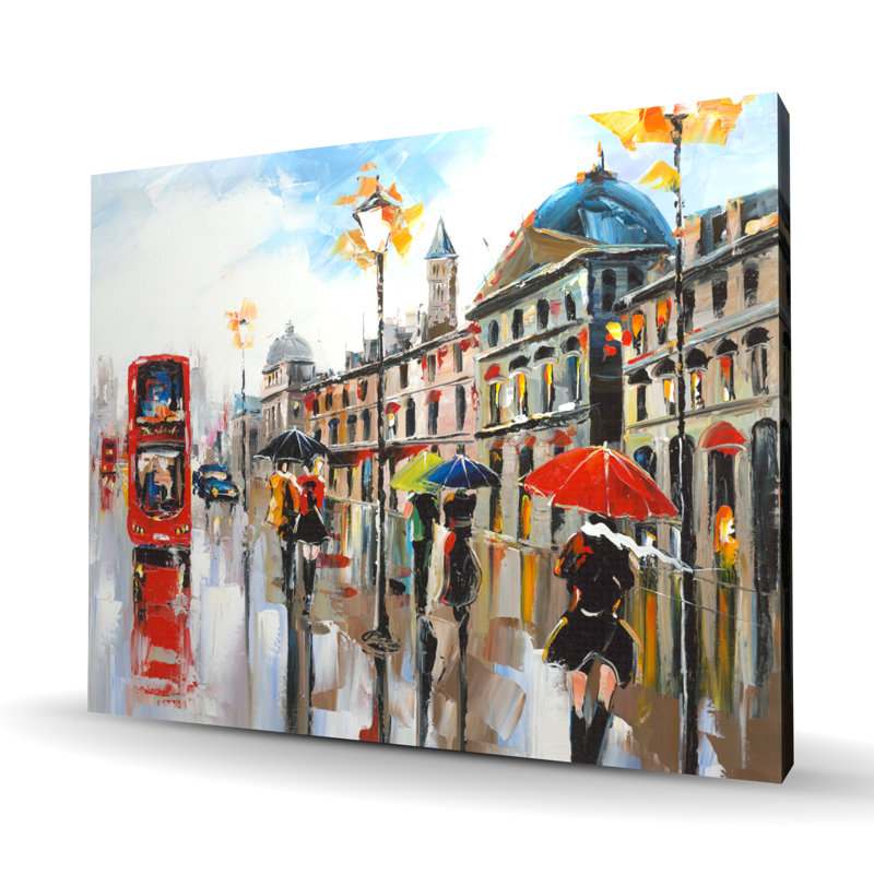 Colorful Street with Red Bus - Toile de bureau rouge pour la décoration