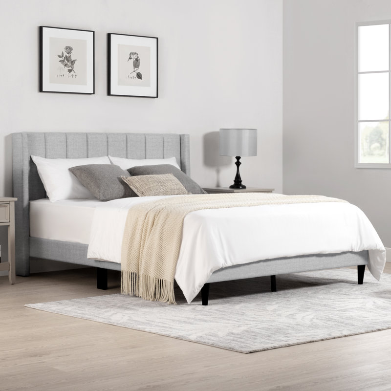 Modern Wingback Bed with Vertical Channel Tufting, Soft Corduroy Upholstery, Solid Wood Platform Frame, Queen, Grey