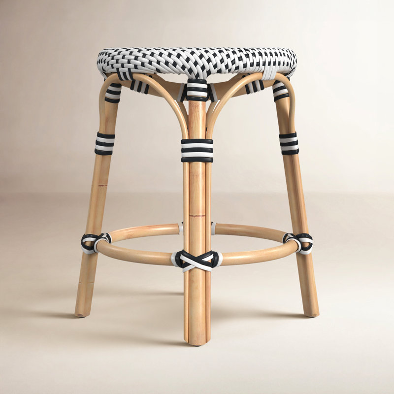 Tobias Rattan Dining Short Stool, White/Black Dot/Natural Rattan Frame
