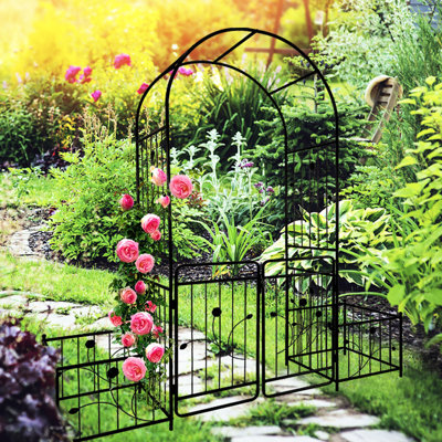 Black Metal Garden Arch With Gate - 79.5'' Wide X 86.6'' High, For A Colorful Climbers 79.5''X86.6'' Make Your Stand Out Climbers,