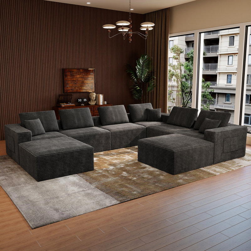 Abdou 141.7" U-Shaped Compression Sectional Sofa With Chaise, Corduroy Cloud Couch, Grey, Gray Corduroy