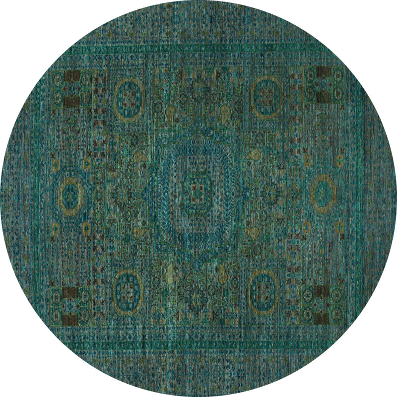 Tapis oriental en laine / polyester tissé à la machine en bleu / vert / gris, Rond 5 pi