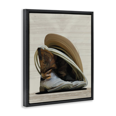 «Cowboy Gear on Beige», art mural encadré sur toile flottante par Renel Peters