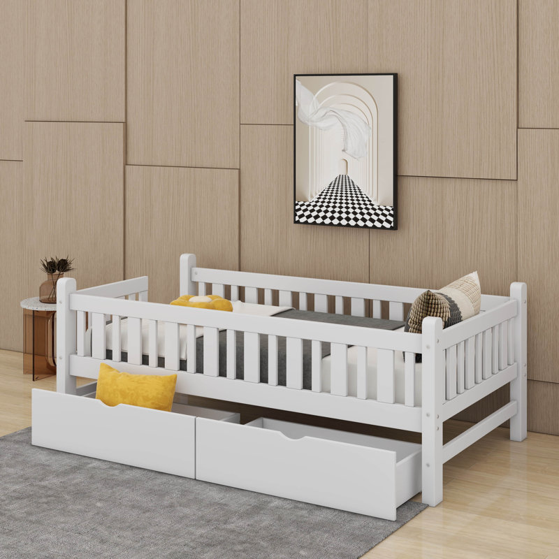Lit plateforme simple en bois avec tiroirs et garde-corps, Blanc