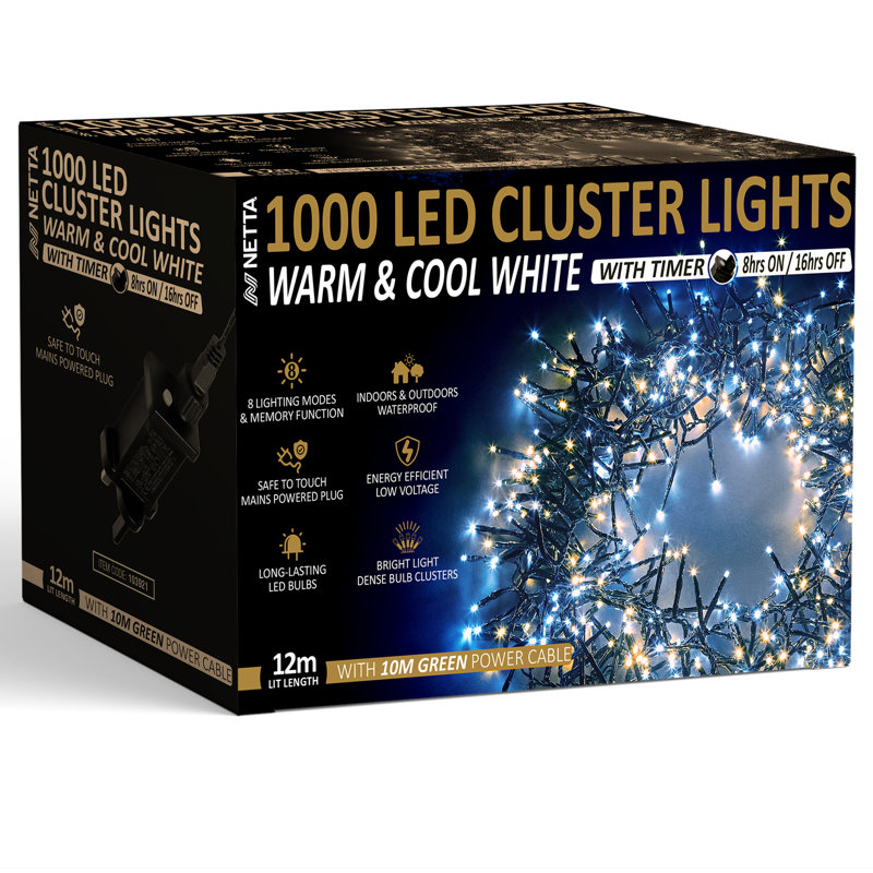 NETTA Cluster Fairy Christmas Lights - 1000 LED / 12M Lit-Length, Warm/Cool White