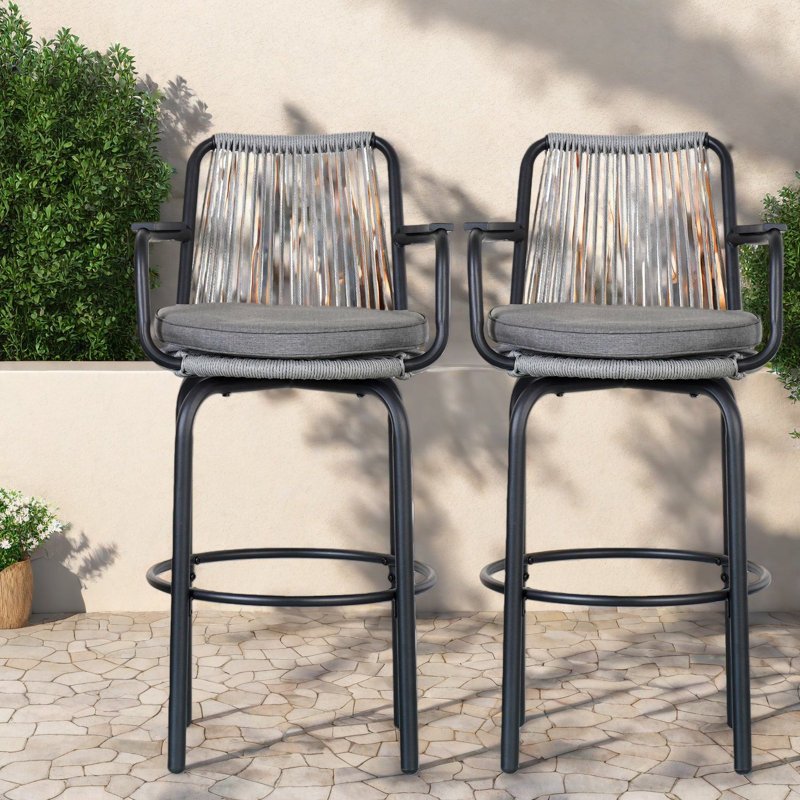 Modern Patio Bar Stools Set Of 2, Metal Rattan Chairs For Kitchen Patio