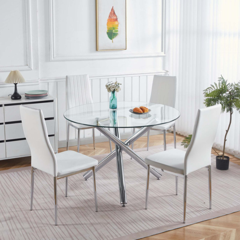 Ensemble de salle à manger 1 + 4,5 pièces, table de salle à manger à pieds en métal Mid-Century pour 4-6 personnes avec plateau en verre, table de salle à manger à piédestal, table basse de loisirs