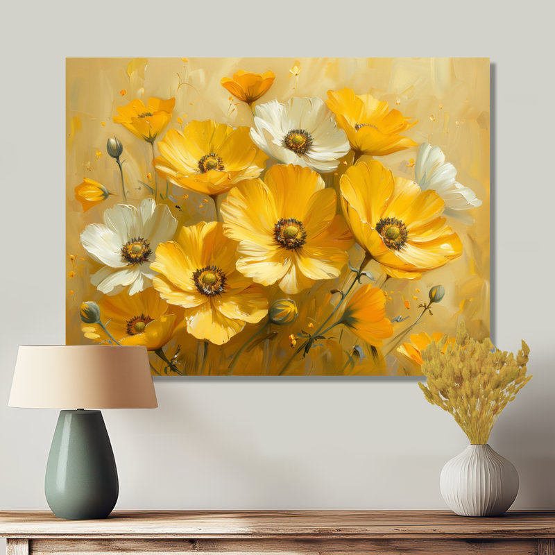 Décoration murale jaune avec bouton d'or jaune Grace Flowers I - Bouton d'or, Encadrement argenté, H 16 po x l 32 po