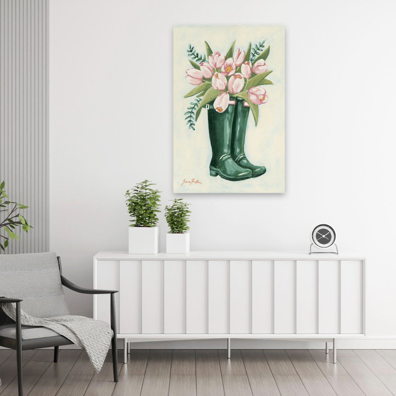 Tulipes dans des bottes de pluie 1, H 36 po x l 24 po