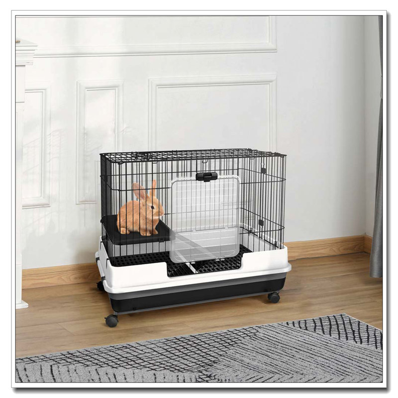 Cage à 2 niveaux avec roulettes, plateforme et rampe pour petits animaux
