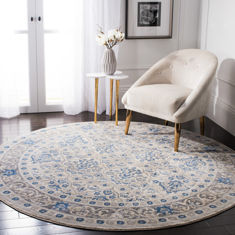 Llana Oriental Light Grey/Blue Area Rug, Round 5'