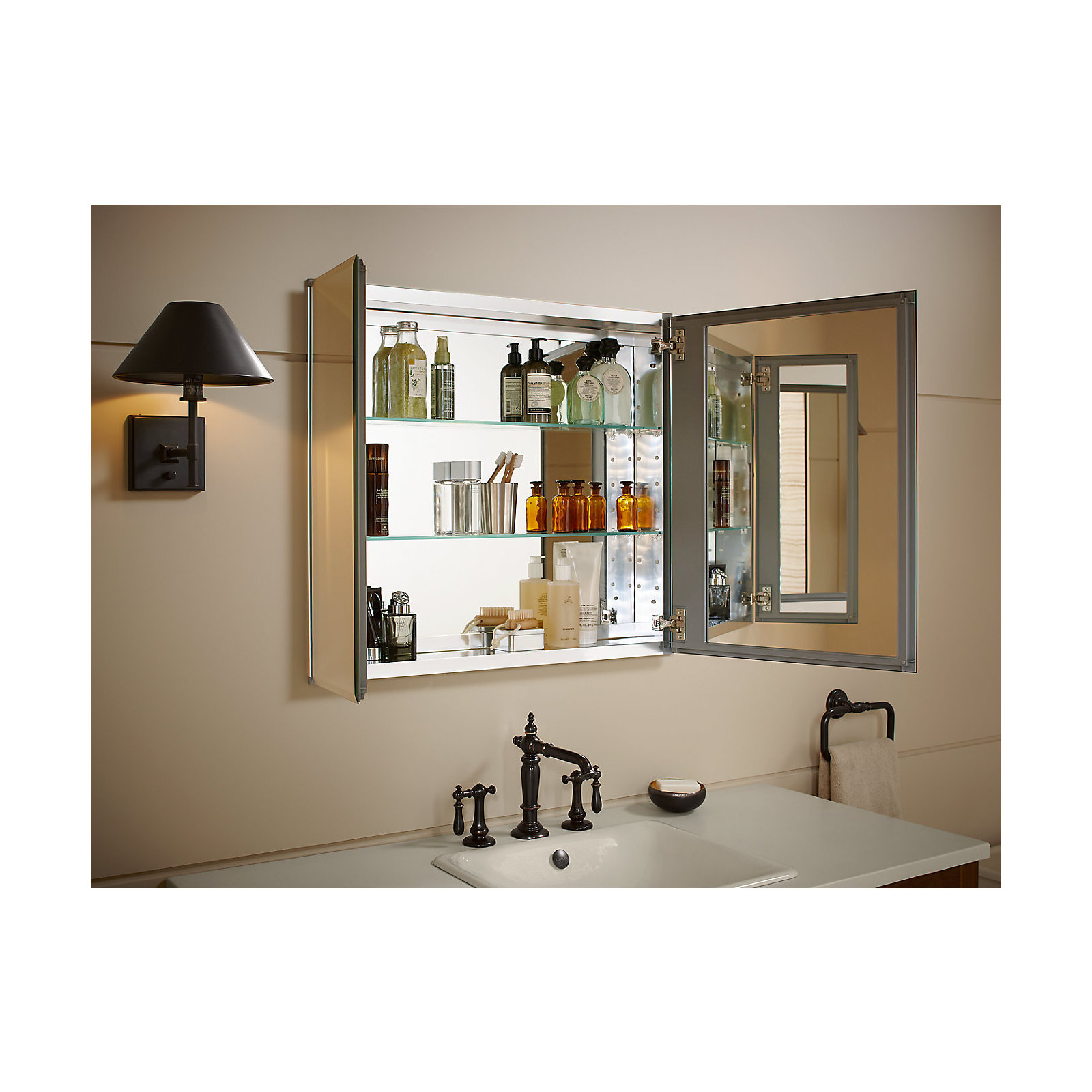 CLC Aluminum Two-Door Medicine Cabinet With Mirrored Doors, Beveled Edges, 26" H x 30" W x 5" D