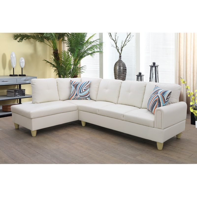 Renford Upholstered L-Shaped Sectional, Left Hand Facing, White Faux Leather