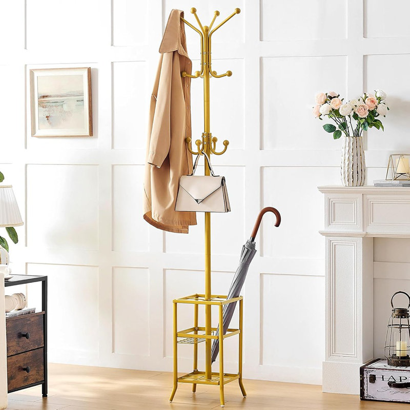 Freestanding Coat Rack – Gold – Metal Coat Stand With 12 Hooks And Umbrella Holder