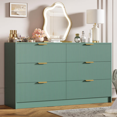 Green 54" Wide Fluted 6-Drawer Dresser – Double Chest with Gold Handles, Large TV Stand & Versatile Storage for Living Room, Bedroom, Hallway