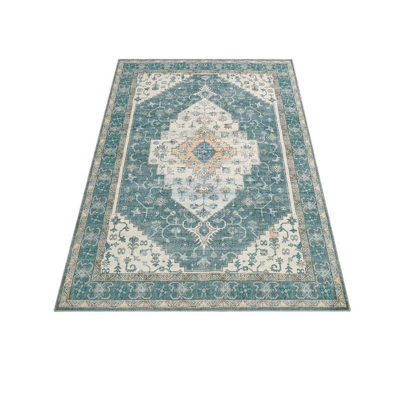 Vintage Oriental Washable Area Rug - Stain-Resistant Low Pile Carpet with Non-Slip Backing for Living Room, Bedroom & Home Decor