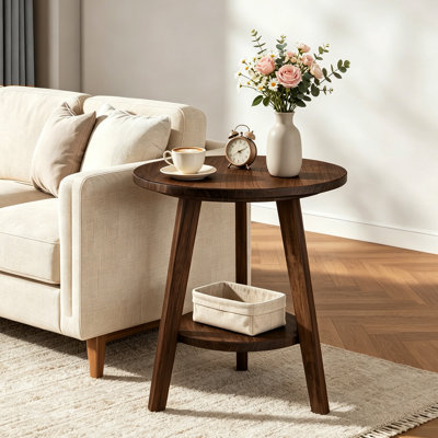 Solid Wood Round End Table, Farmhouse Sofa Side Table with Storage Shelf