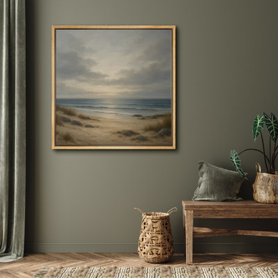 Calm Coastal Dunes and Ocean Horizon Seascape – Pictures Framed Canvas Print Wall Art