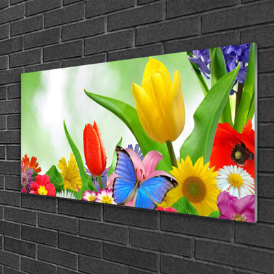 Glass Print Wall Art 100X50cm Image Printed On Glass Decorative Wall Picture Behind Toughened / Tempered Safety Real Glass For Kitchen & Living Room Theme: Butterfly Flowers Nature
