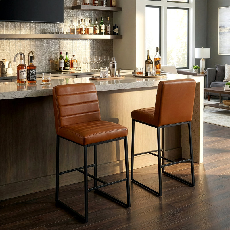 Set of 2 Damylah Faux Leather Counter Stool with Black Metal Legs, Bar Stool (28.30" Seat Height), Light Brown
