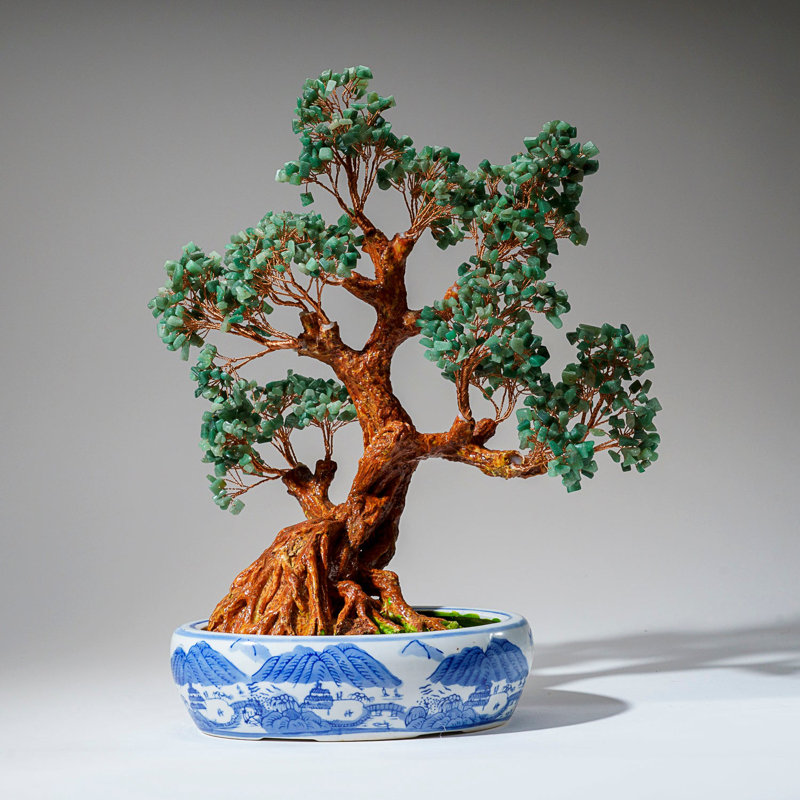 Genuine Green Aventurine Gemstone Bonsai Tree In Oval Ceramic Pot (15€ Tall)