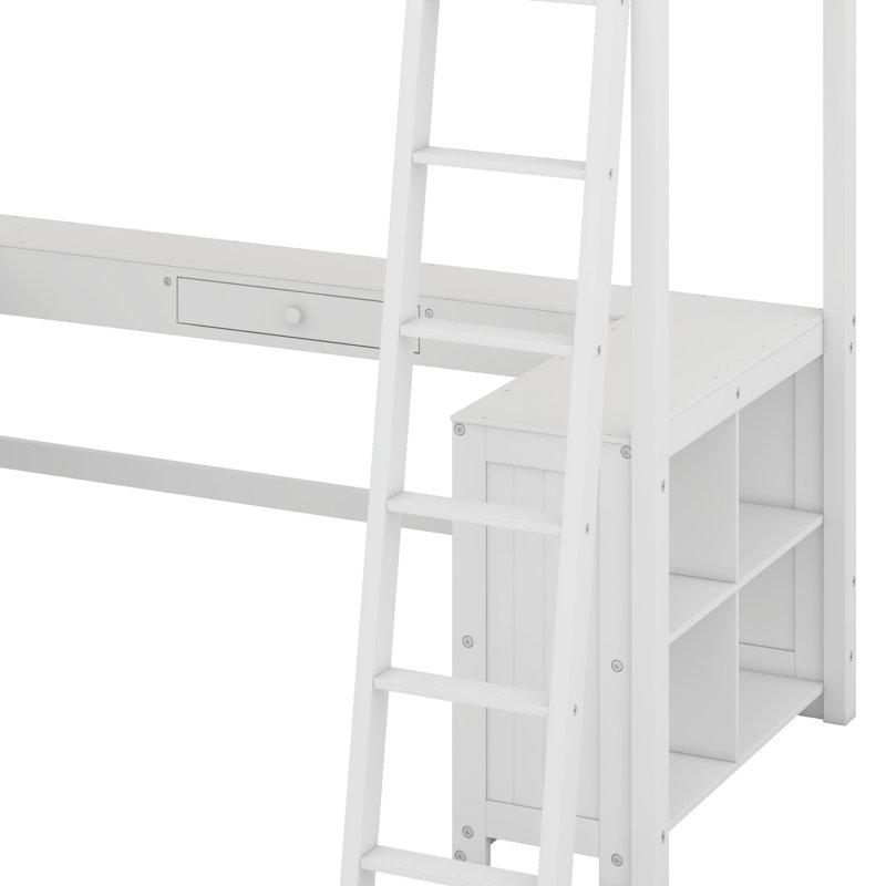 Lit mezzanine avec bureau en U, tiroirs et tablettes de rangement, Blanc