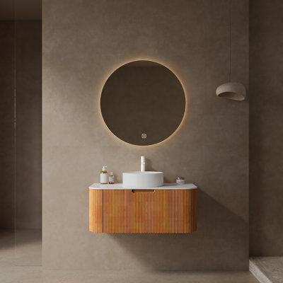 Meuble-lavabo de salle de bain 36 po avec lavabo, meuble-lavabo rayé à bords arrondis avec un tiroir, lavabo rond en céramique blanche et plateau en pierre frittée blanc de Carrare, préassemblé, couleur grain de bois