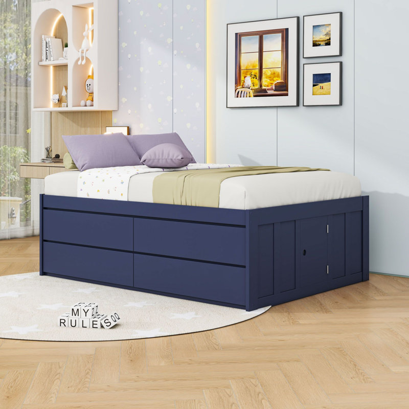 Lit plateforme en bois avec 4 tiroirs de rangement, Full, Navy Blue