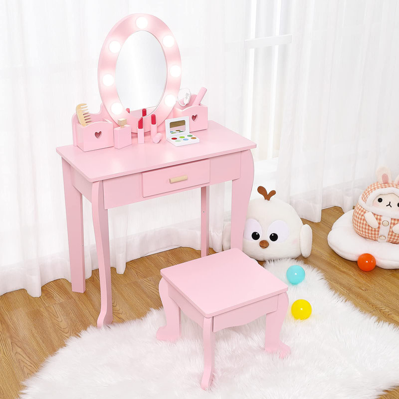 Kids Vanity with Lighted Mirror Toddler Vanity Table and Chair Set Girls Makeup Playset, Pink