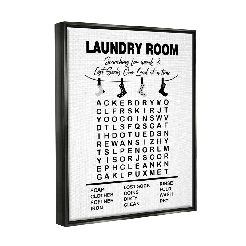 Blanchisserie, recherche de mots, chaussettes perdues suspendues par lettrage et doublure - reproduction de cadre flottant sur toile