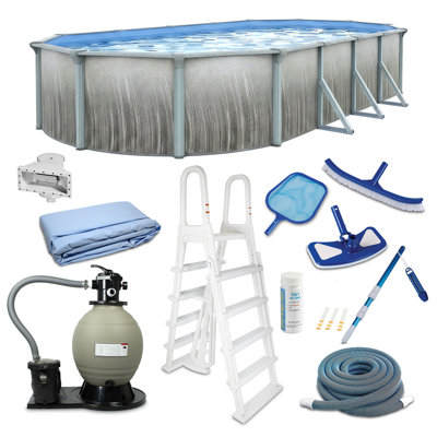 Blue Wave Martinique 15x30-ft Oval 52-in Deep Hard Sided Above Ground Pool with 7-in Steel Top Rails, Dual-Speed Sand Filter System, Ladder, Liner, Skimmer & Maintenance Kit – 9,900 Gallon Cap