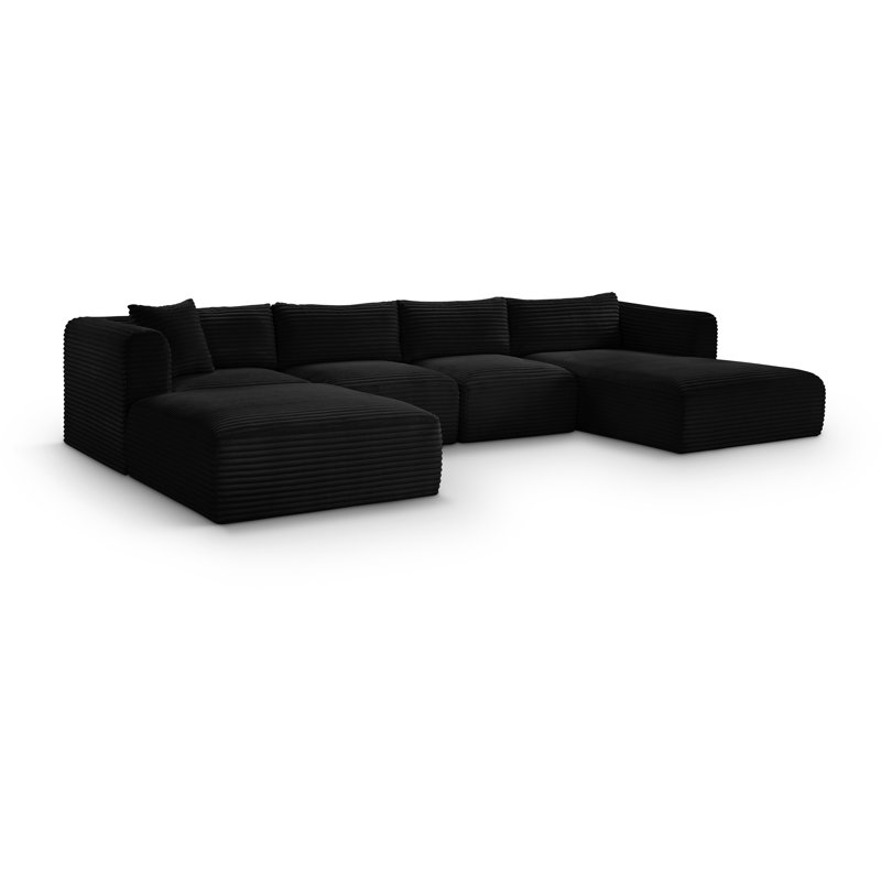 Canapé modulaire Carmean, Tissu velours côtelé texturé noir, 2 sans accoudoirs, 1 méridienne, 1 d'angle et 1 r