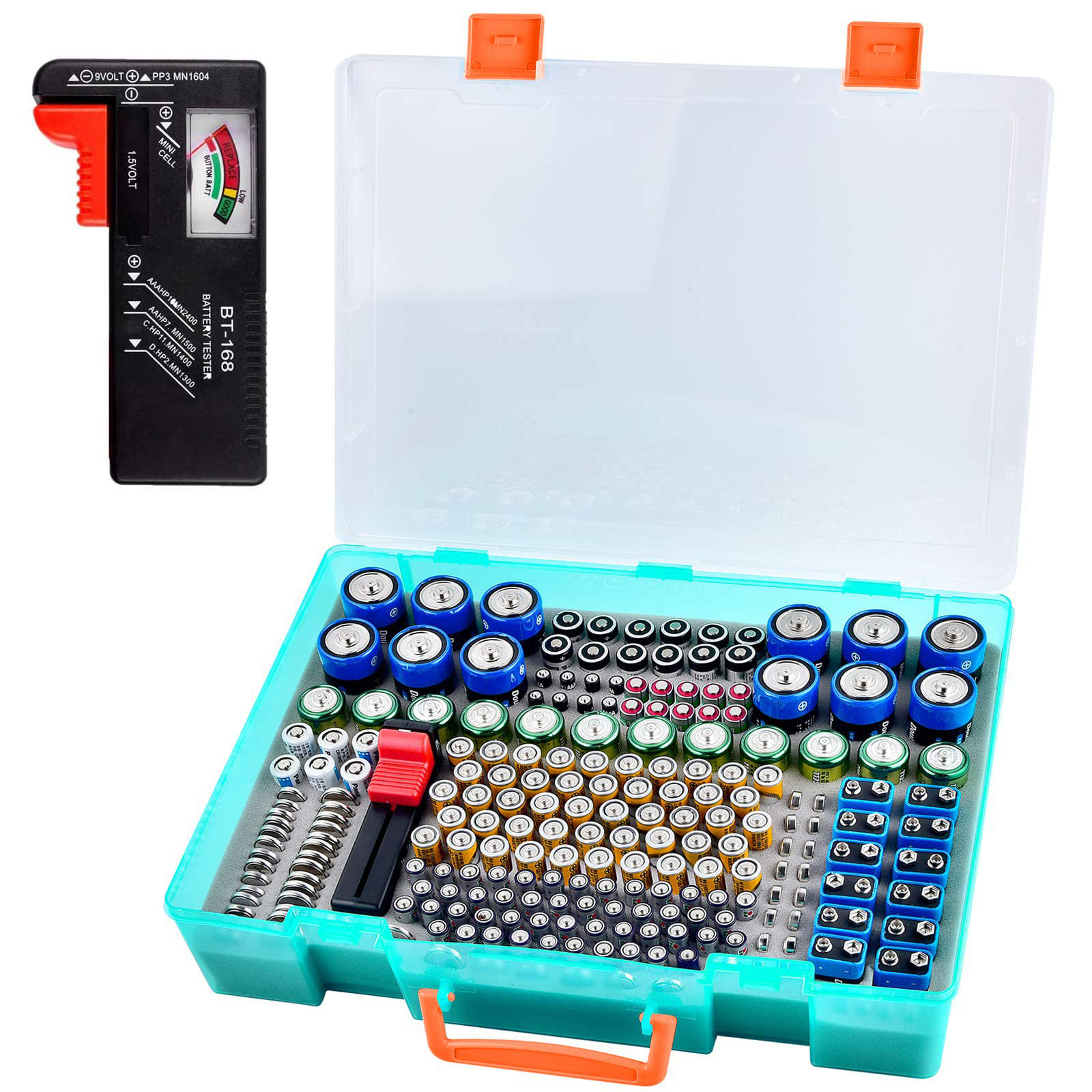 Espindola 14 Battery Storage Organizer Plastic Box with Tester Bt-168 WFX Utility Finish: Green
