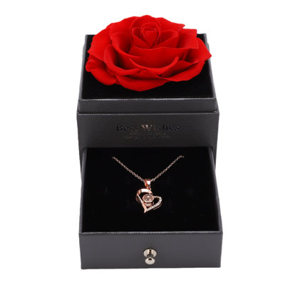 Pendentif en forme de cœur avec boîte à bijoux en forme de fleur préservée présentant un collier de fleurs éternelles avec tiroir coulissant pour les anniversaires - rouge