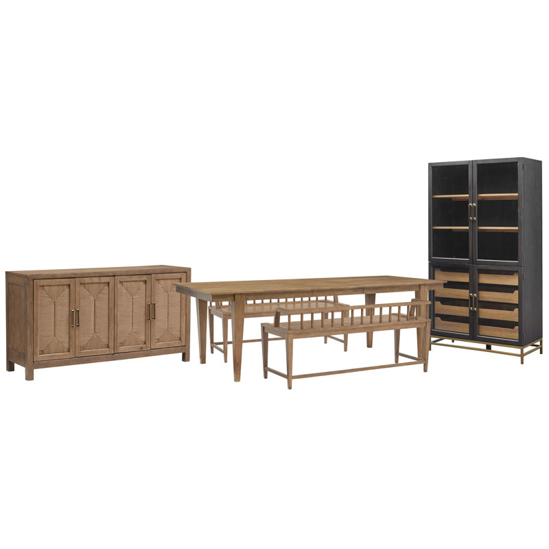 Extendable Rectangular Dining Table With 2 Arm Benches Buffet And Cabinet, 5 Pcs: Table, 2 Benches, Buffet, Cabinet