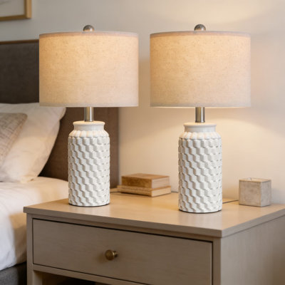 Modern Farmhouse Table Lamps Set Of 2, 20.5 Inch Ceramic Bedside Lamps With Linen Shade For Nightstand, Bedroom & Living Room, 3D Honeycomb Design, E26 Socket (Bulbs Not Included)
