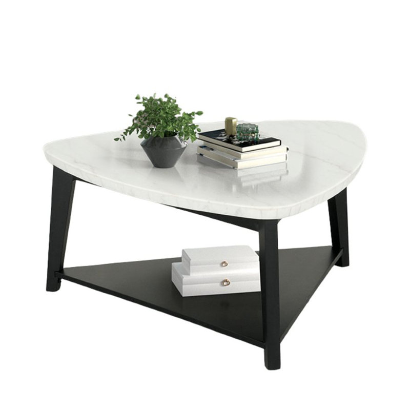 Ensemble de table 3 pièces de style contemporain 1 table basse triangulaire 2 x table de bout carrée avec plateau de rangement inférieur en marbre et finition noire et blanche