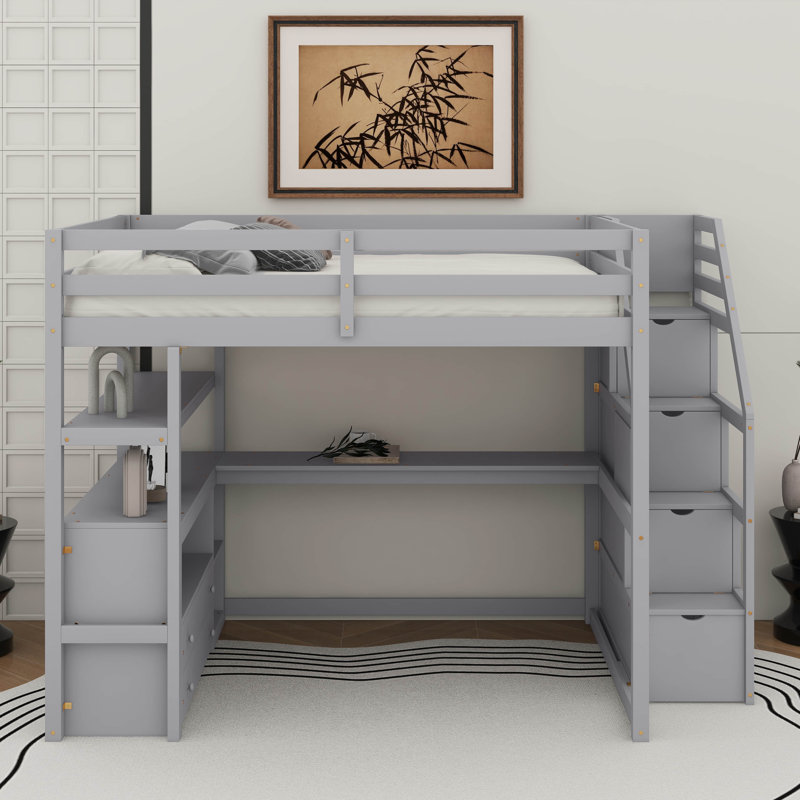 Lit mezzanine double avec bureau et tablettes, Gris