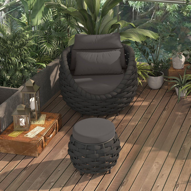 Fully Assembled Altuminum Frame 1 - Person Textilene Rope Outdoor Seating Group with Cushions and Ottomans