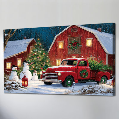 Grand camion de Noël rouge et grange, décoration murale rétro, scène de vacances, arbre de Noël, bonhommes de neige, affiche sur toile, œuvre d'art murale pour décorations de Noël, salon, 30 x 60
