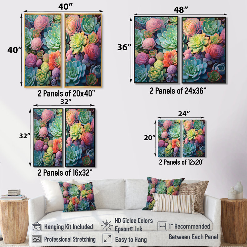 «Green Blue Succulents Succulent Dreams Ii», art sur toile surdimensionné, 36" H x 48" W, Wrapped Canvas, Does Not Apply