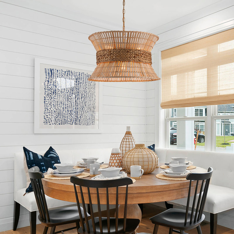 Clavel 4-Light Modern Natural Rattan Pendant Ceiling Fixture Coastal Nautical Chandelier, Brass