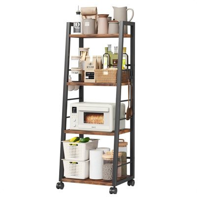4 Tier Kitchen Storage Cart With Lockable Wheels,6 Hooks, Mobile Utility Organizer Rolling Cart For Small Spaces, Bar Cart For Kitchen And Living Room
