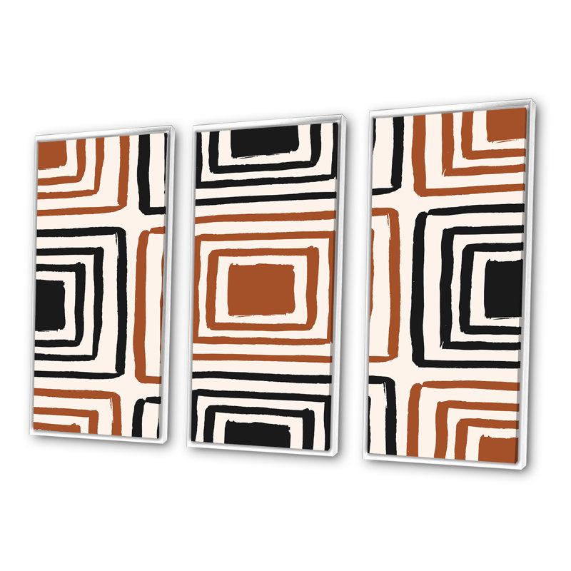 Carrés géométriques aux couleurs rétro - 3 pièces, reproduction sur toile, H 32 po x l 48 po x P 1 po, Cadre blanc