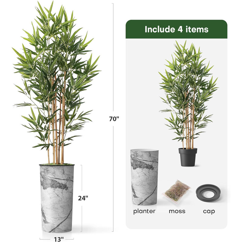 Artificial Tree in Contemporary Planter Fake Bamboo Silk Tree (Plant Pot Plus Tree), Marble Light Grey